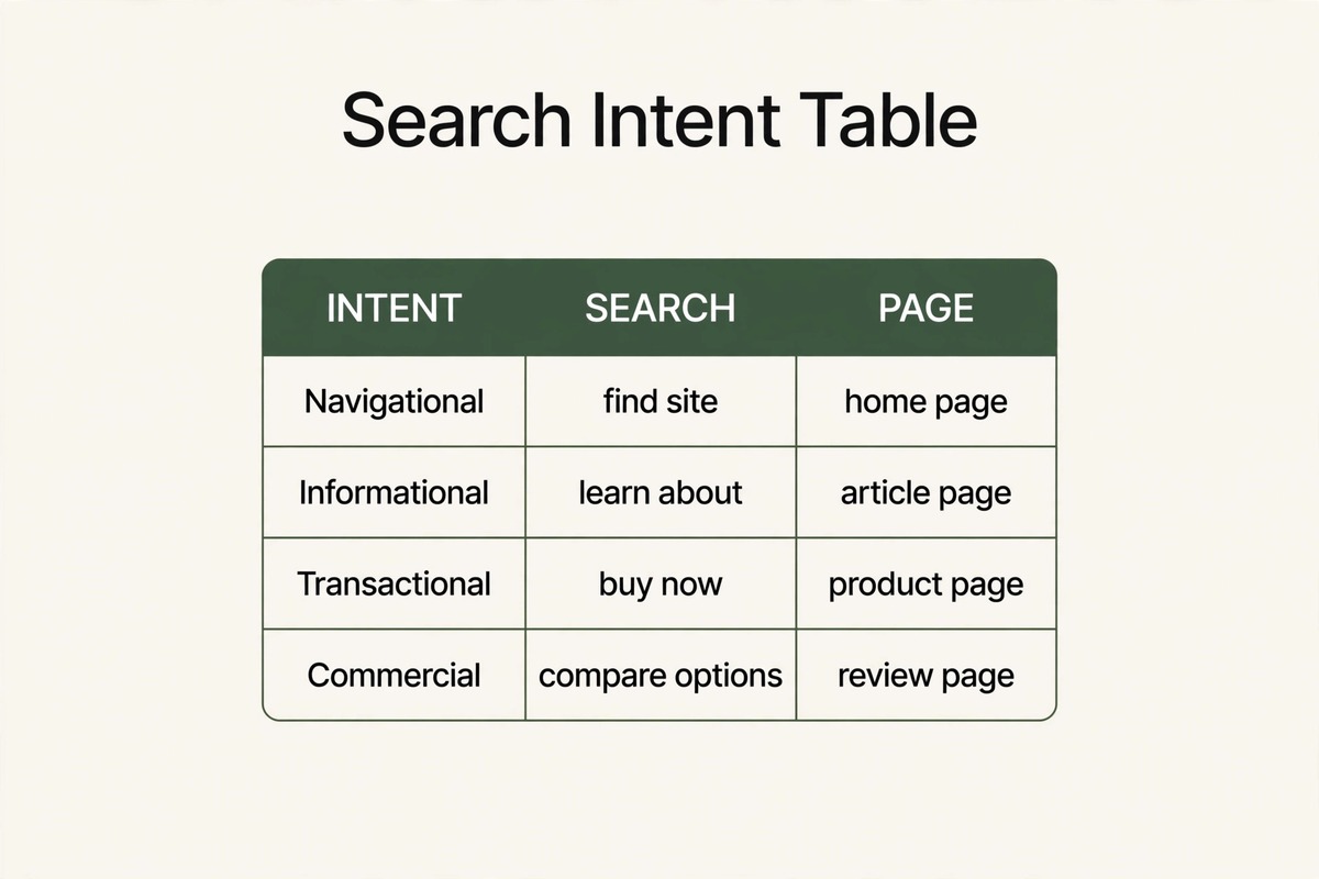 Search intent table matching intent to page type
