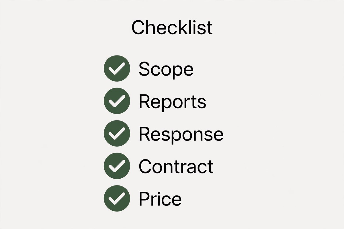 Buying checklist covering scope reports response contract and price