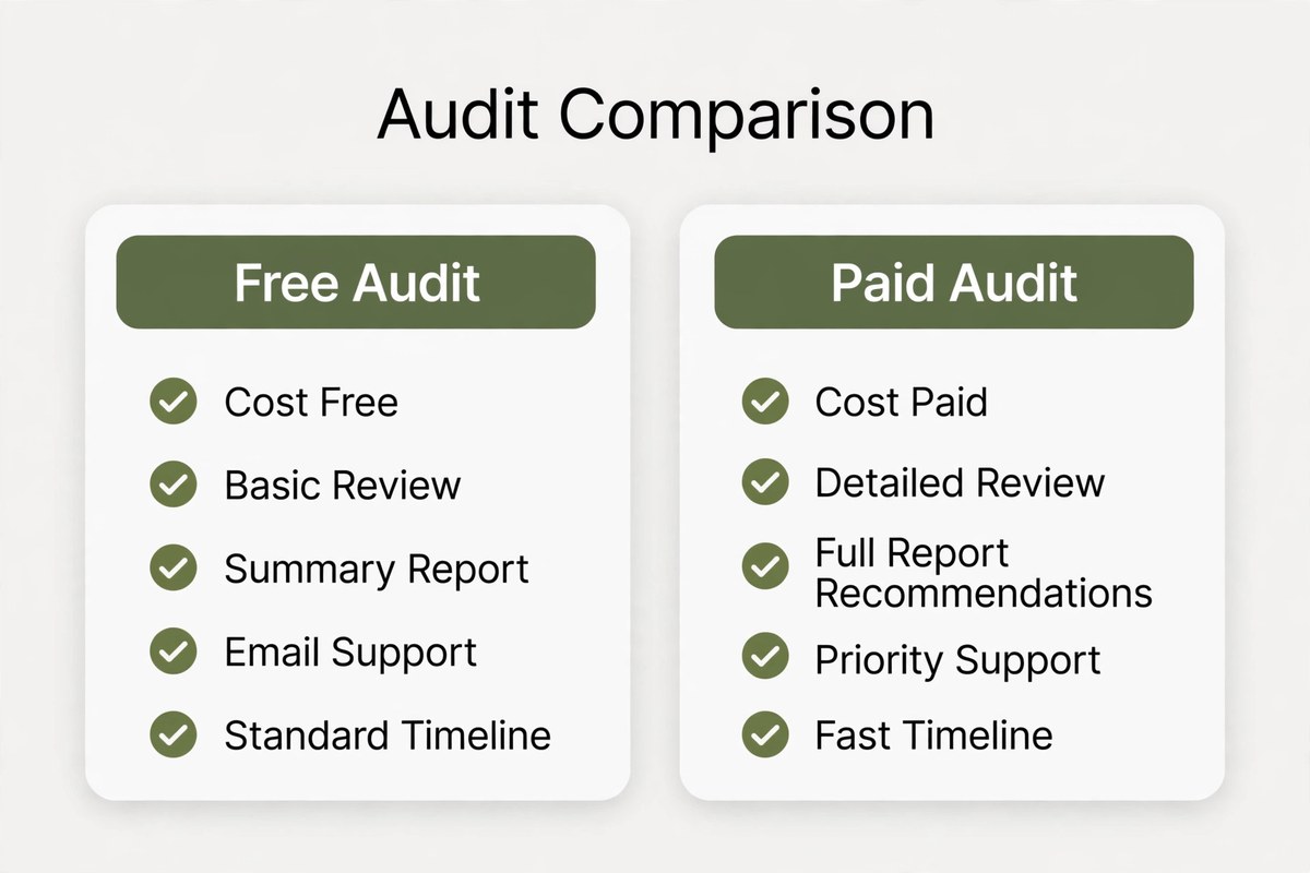Two column graphic comparing a free audit with a paid audit
