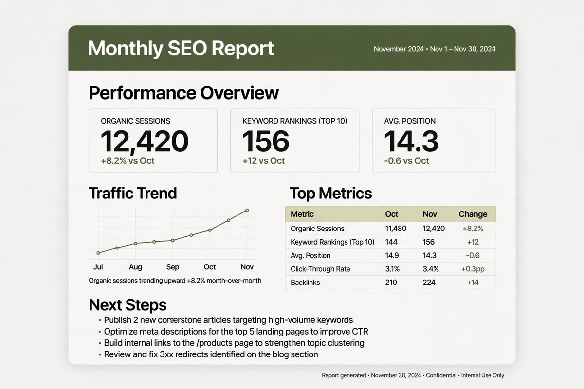 Sample monthly SEO report layout with chart table