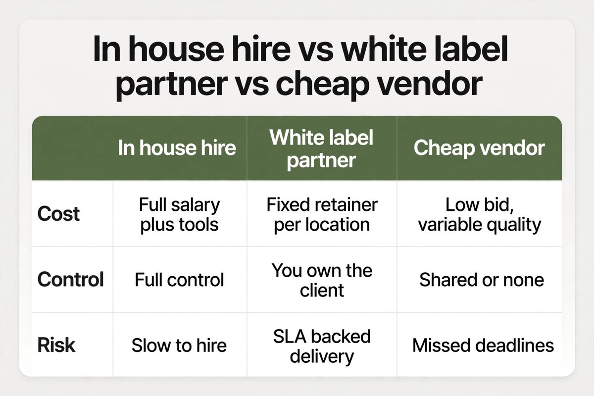 Comparison table of in house hire versus white label partner versus cheap vendor