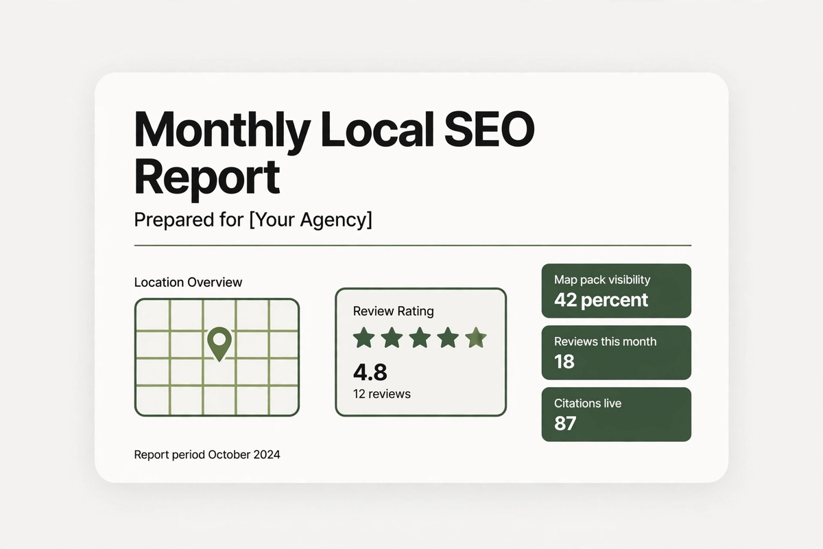 Sample branded monthly local SEO report with map pack and review widgets