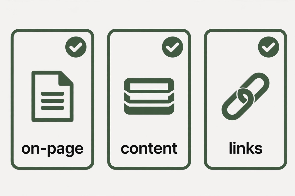 Checklist graphic showing the six sections of an agency SEO audit