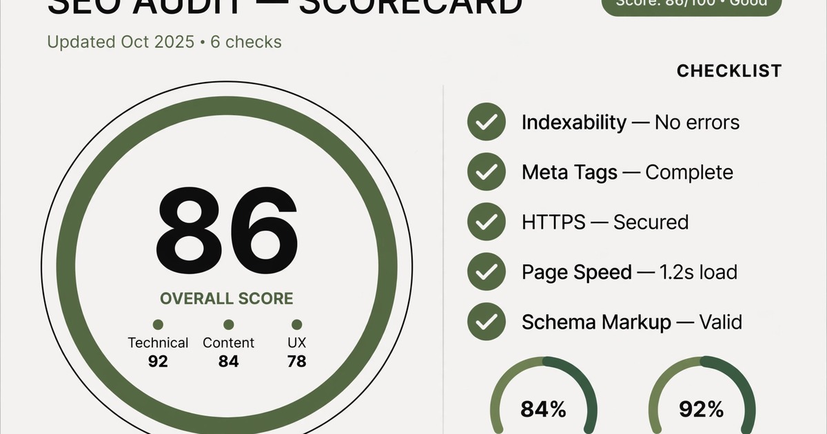 Branded white label SEO audit scorecard graphic with checklist and gauges