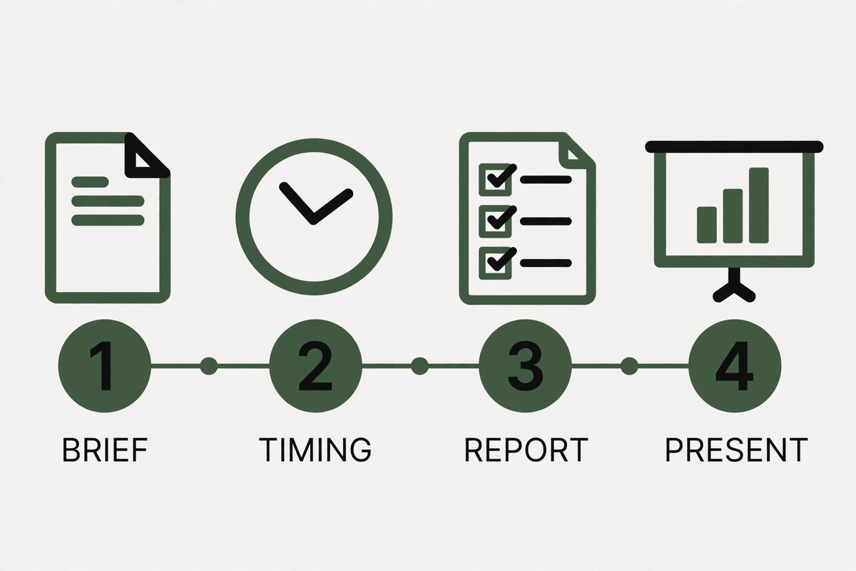 Four step timeline of the branded audit process from brief to client presentation