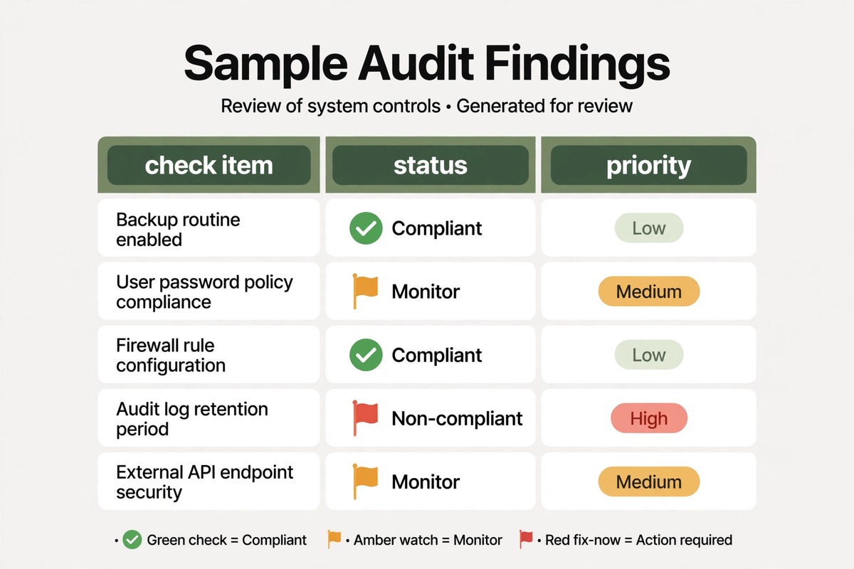 Sample audit findings table with check item, status, and priority columns