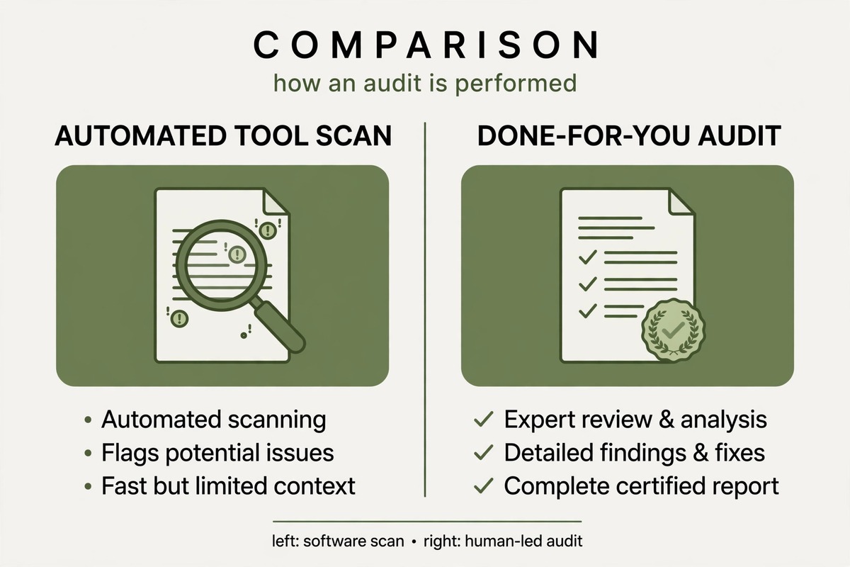 Two column comparison of an automated tool scan versus a done for you branded audit