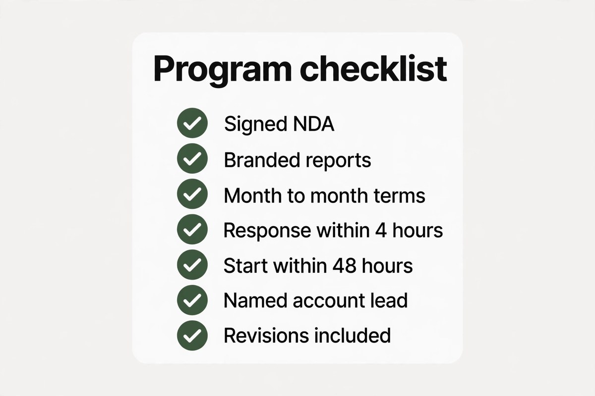 Checklist graphic with seven green checkmarks for vetting a partner