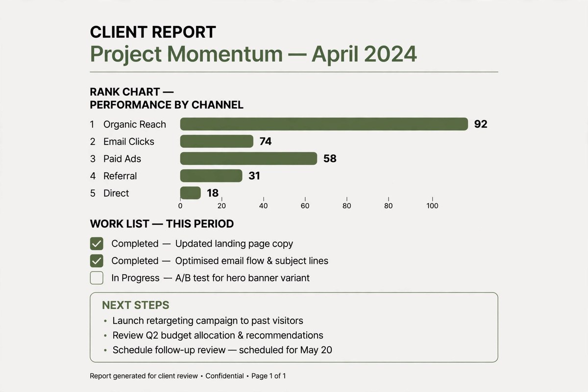Client rank report with chart work list next steps