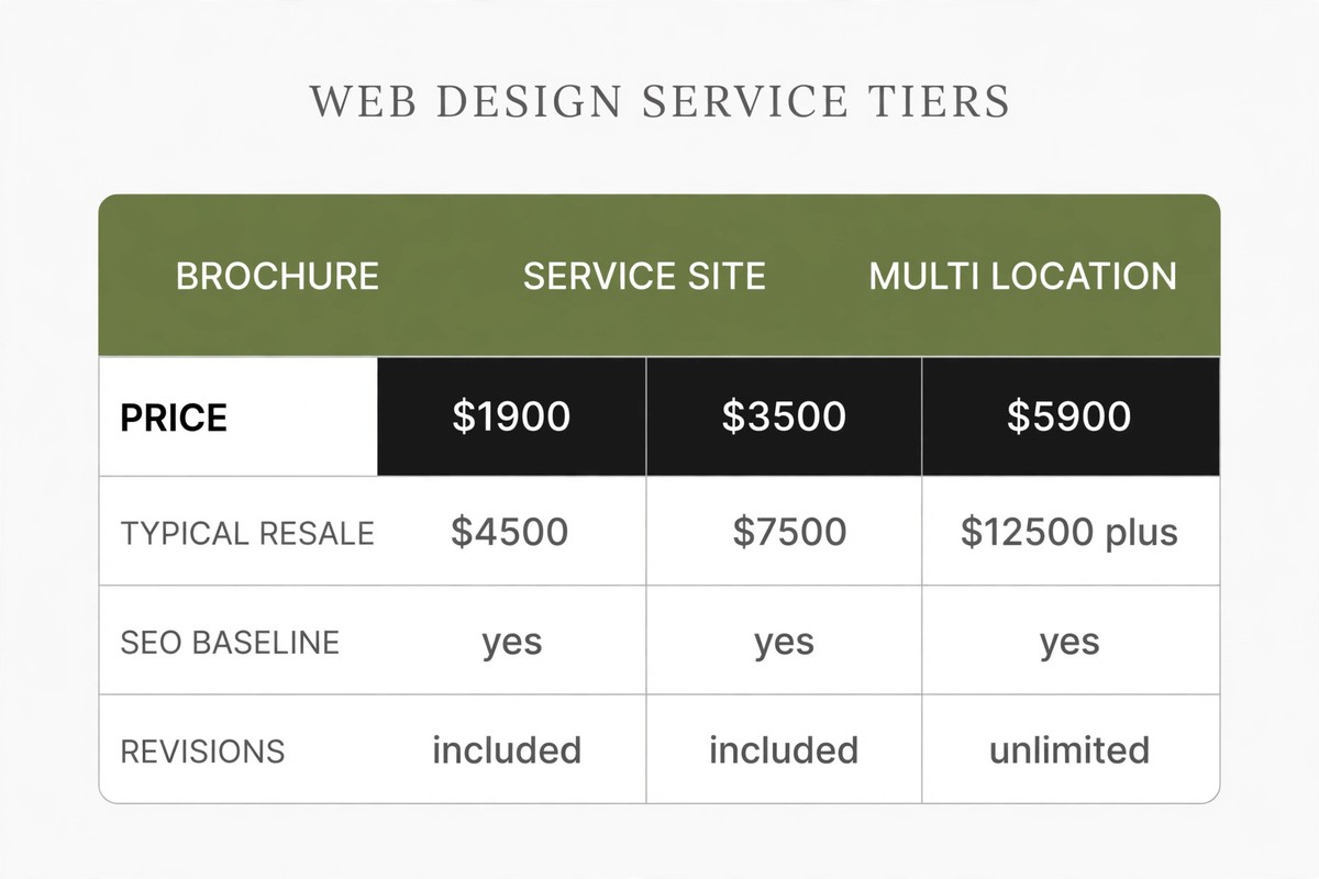 Web design tier table with prices, typical resale, and revision policy