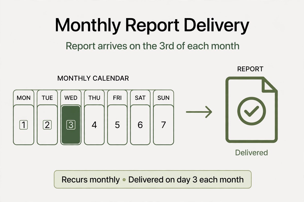 Monthly report delivered on the third of each month