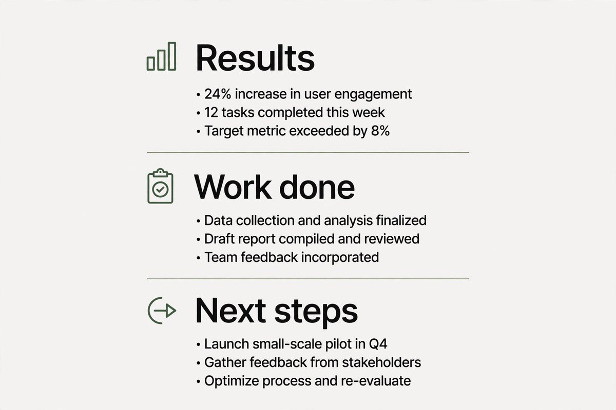 Report sections showing results work done and next steps